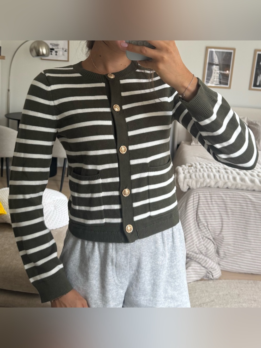 Express Olive and White Striped Knit Cardigan with Gold Buttons